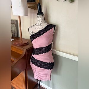 Adrianna Papell Pink and Black One Shoulder Bodycon Dress NWT